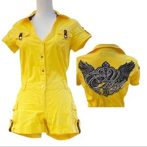 Coogi Jumpsuit Romper Jumper Shorts Yellow Lace M